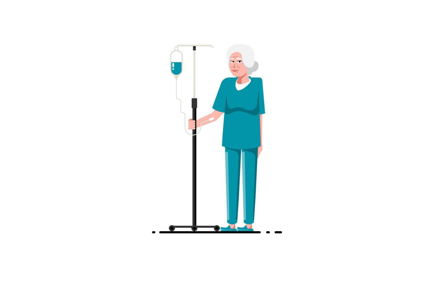 anziano donna paziente con sale acqua soluzione soluzione salina In piedi su isolato sfondo, vettore illustrazione.