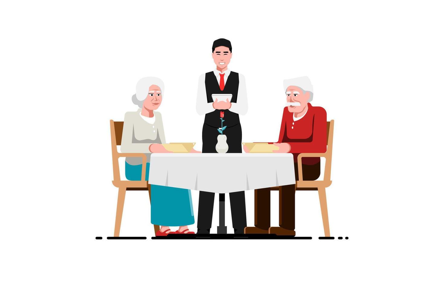anziano coppia romantico cena pasto, anziano coppia ordini cibo con Cameriere su tavolo, vettore illustrazione.