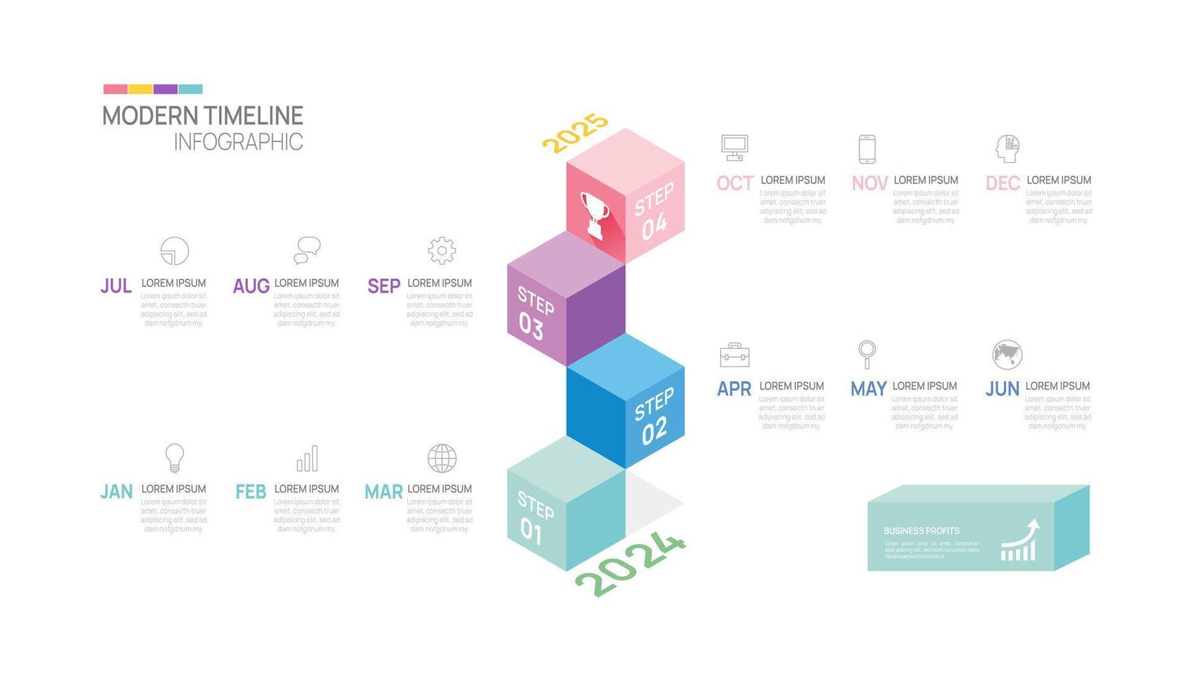 attività commerciale passo sequenza temporale Infografica scatola modello. moderno pietra miliare elemento sequenza temporale diagramma calendario e 4 trimestre temi, vettore infografica.