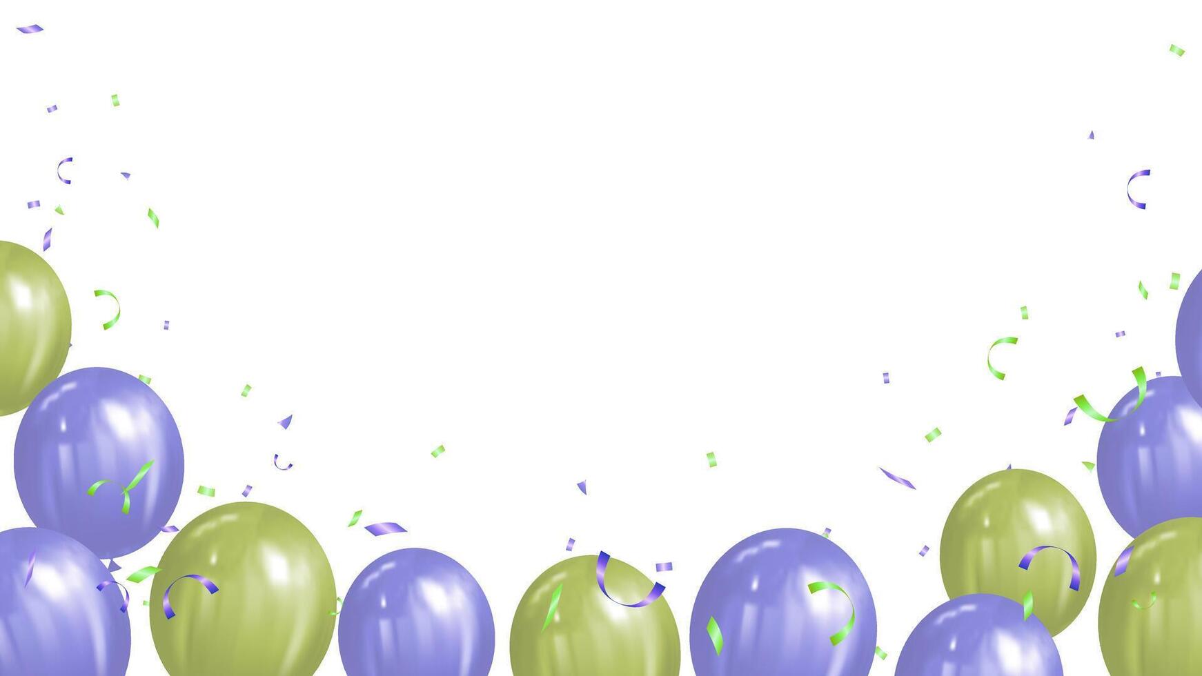 viola verde palloncini e coriandoli sfondo per compleanno, festa, vacanza, bambino. vettore illustrazione