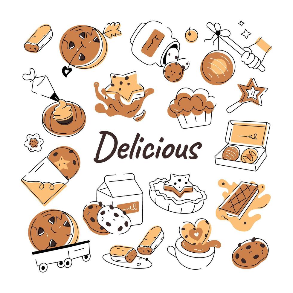 un' scarabocchio stile biscotto vettore raffigurante vario tipi di forno cibo e confetteria elementi