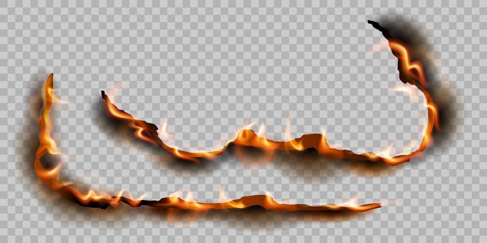 realistico bruciato carta bordi elementi con fuoco e nero cenere vettore