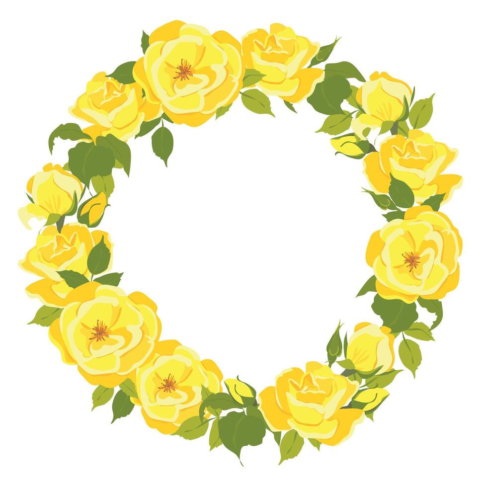 il giro vettore telaio con giallo Rose. floreale ghirlanda nel piatto stile. logo modello, floreale telaio per nozze, anniversario saluto carta.