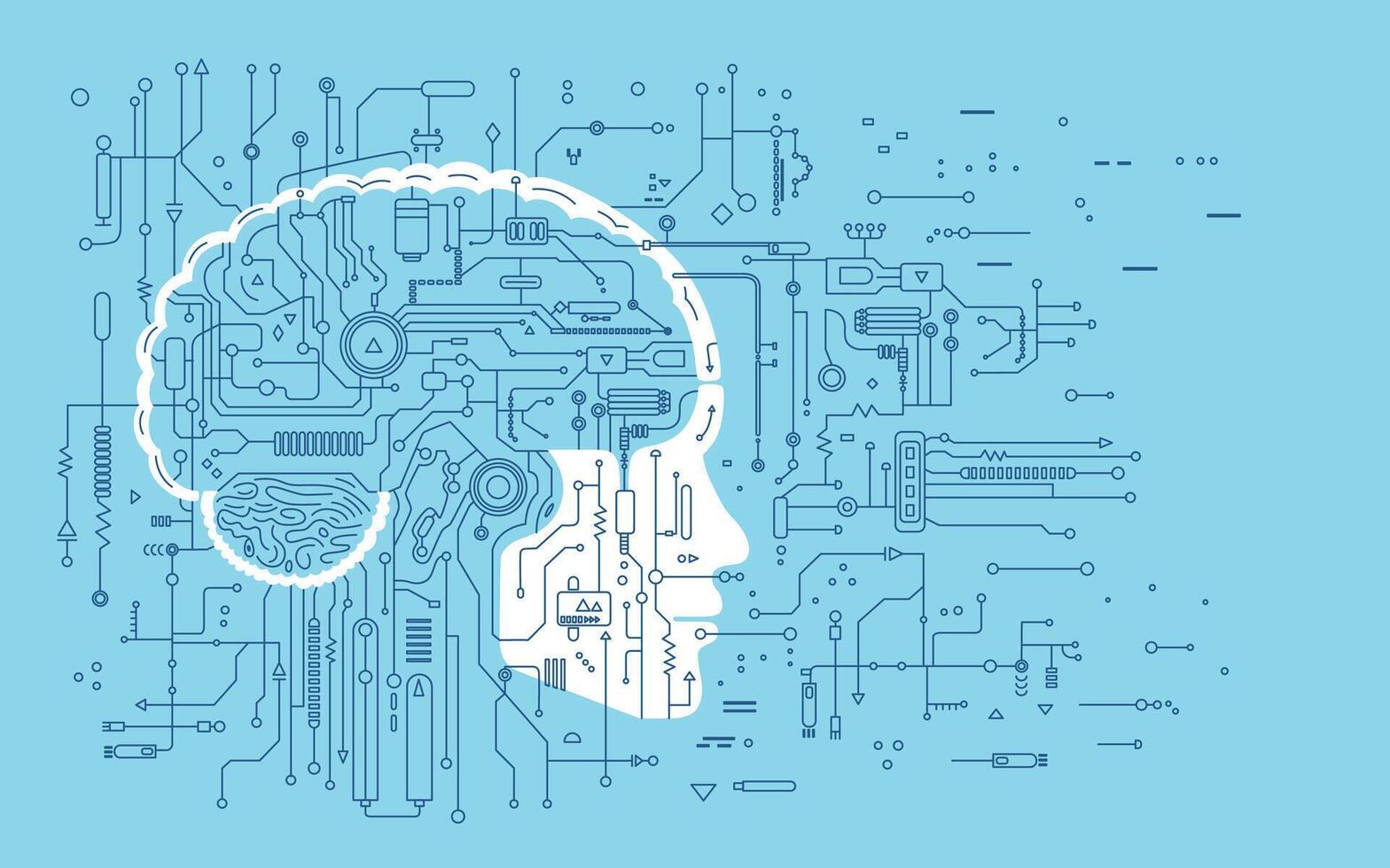 concetto di artificiale intelligenza ai e grande dati. elettronico digitale cervello, circuito tavola e umano testa schema nel piatto stile su un' blu sfondo. vettore