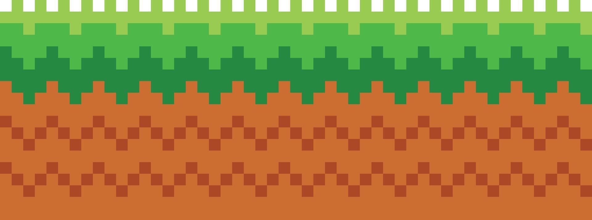 pixel arte gioco scena con terra, erba, alberi, cielo, nuvole, carattere, monete, Tesoro cassapanche e 8 bit cuore vettore