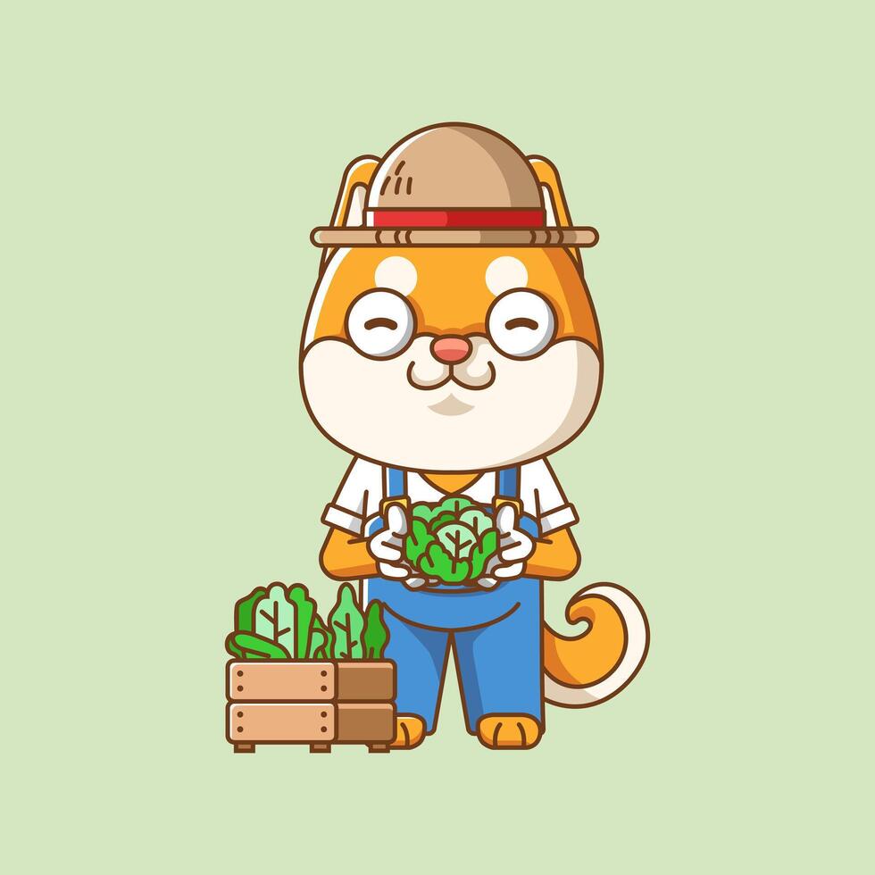 carino shiba inu cane agricoltori raccogliere frutta e verdure cartone animato animale personaggio portafortuna icona piatto stile illustrazione concetto vettore