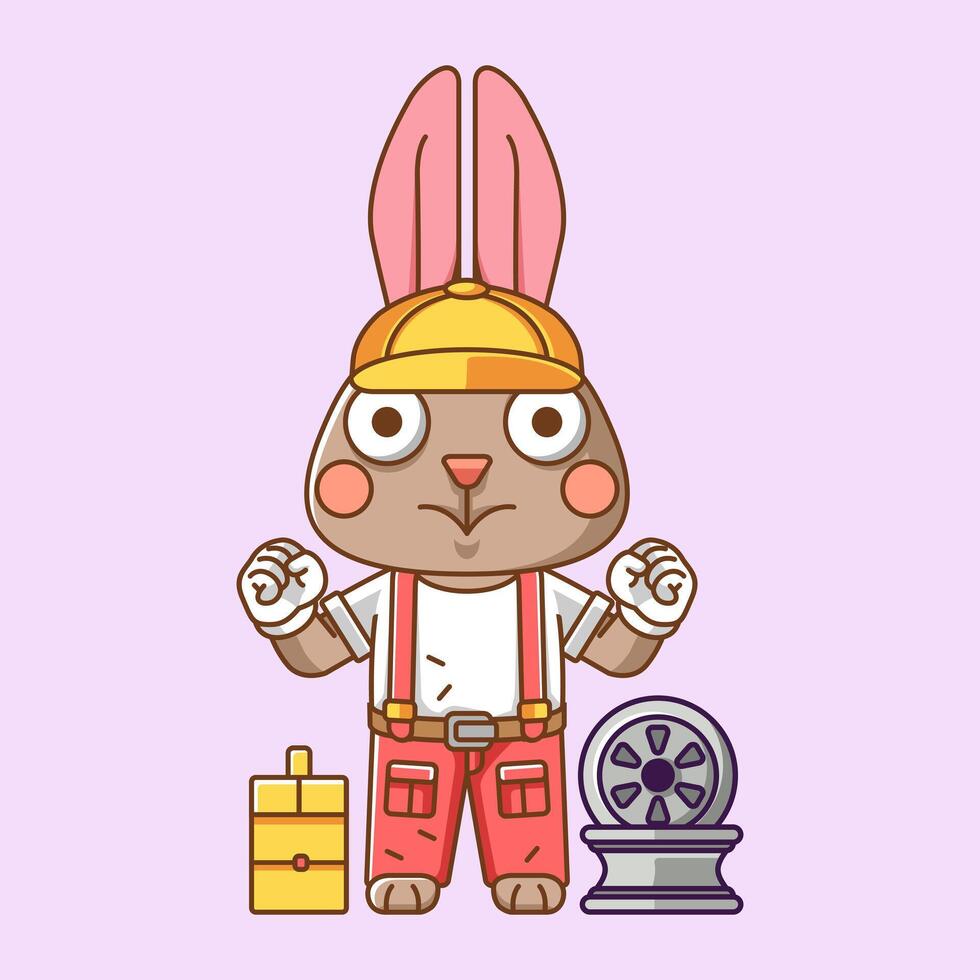 carino coniglio meccanico con attrezzo a laboratorio cartone animato animale personaggio portafortuna icona piatto stile illustrazione concetto vettore