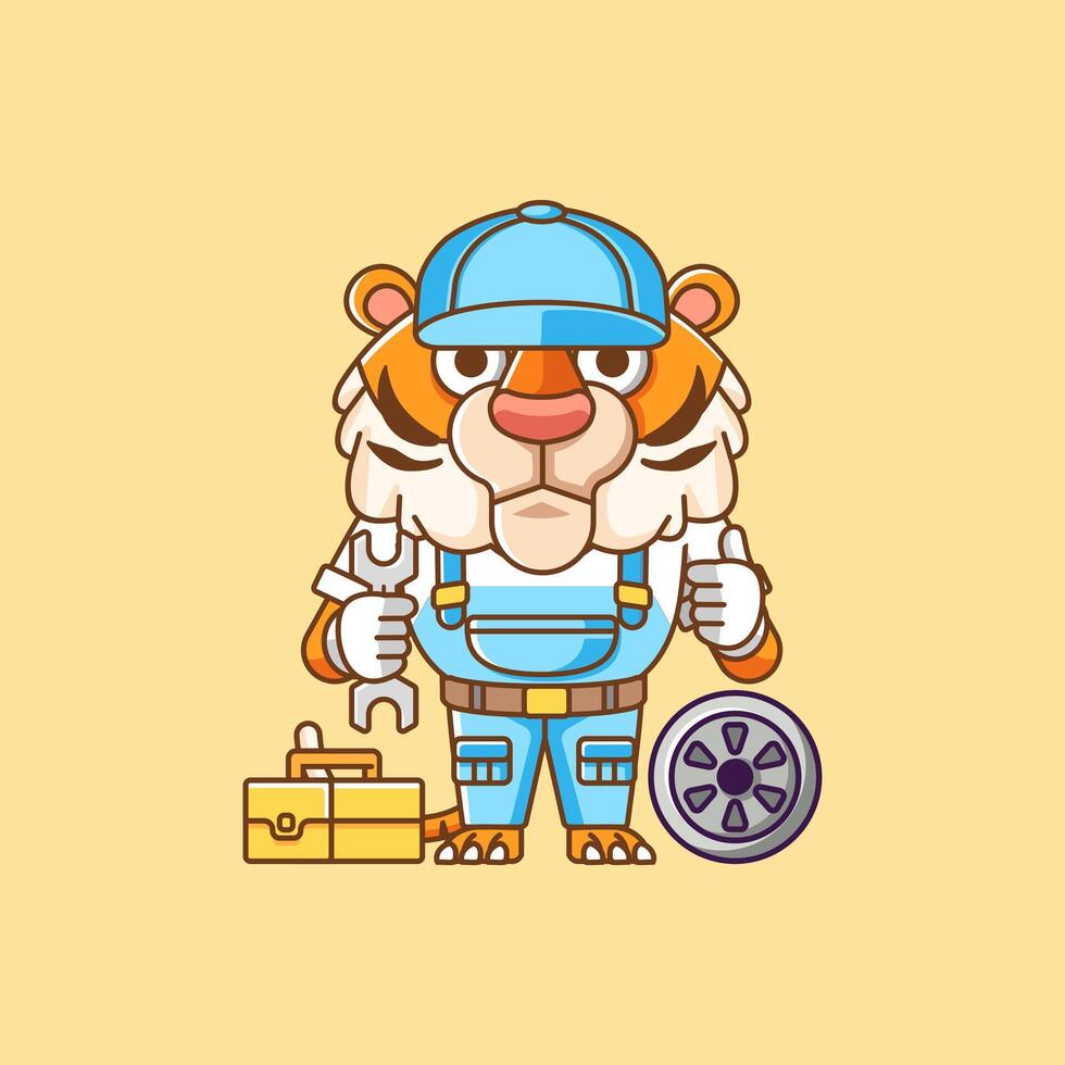 carino tigre meccanico con attrezzo a laboratorio cartone animato animale personaggio portafortuna icona piatto stile illustrazione concetto vettore