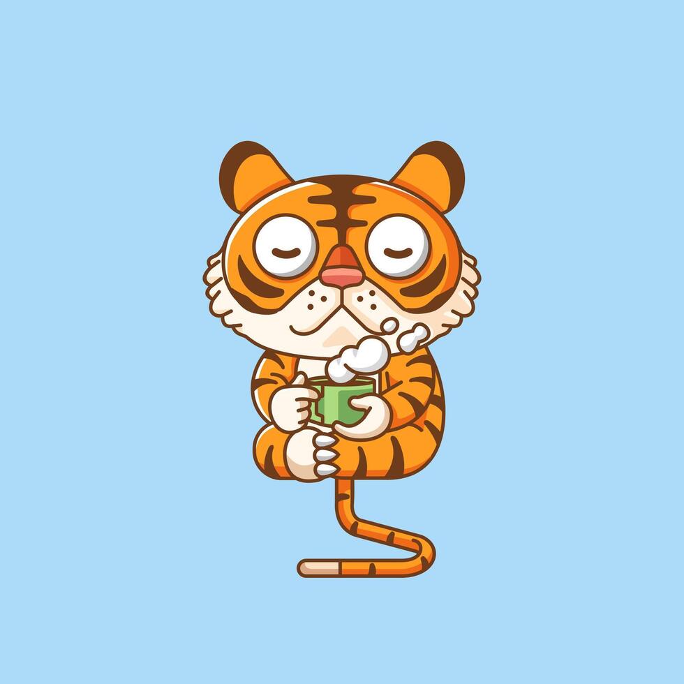 carino tigre rilassare con un' tazza di caffè cartone animato animale personaggio portafortuna icona piatto stile illustrazione concetto vettore