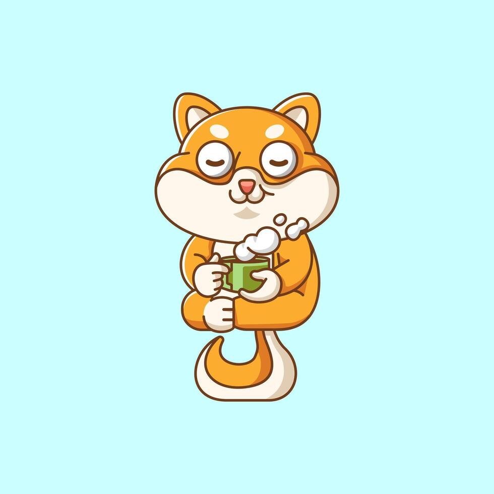 carino shiba inu cane rilassare con un' tazza di caffè cartone animato animale personaggio portafortuna icona piatto stile illustrazione concetto vettore