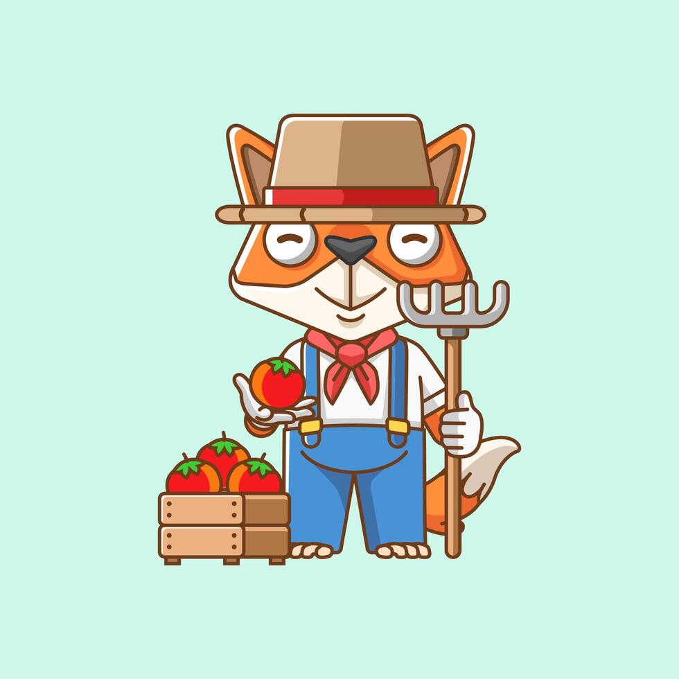 carino Volpe agricoltori raccogliere frutta e verdure cartone animato animale personaggio portafortuna icona piatto stile illustrazione concetto impostato vettore