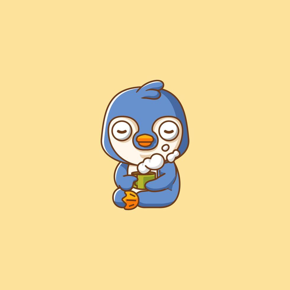 carino pinguino rilassare con un' tazza di caffè cartone animato animale personaggio portafortuna icona piatto stile illustrazione concetto impostato vettore