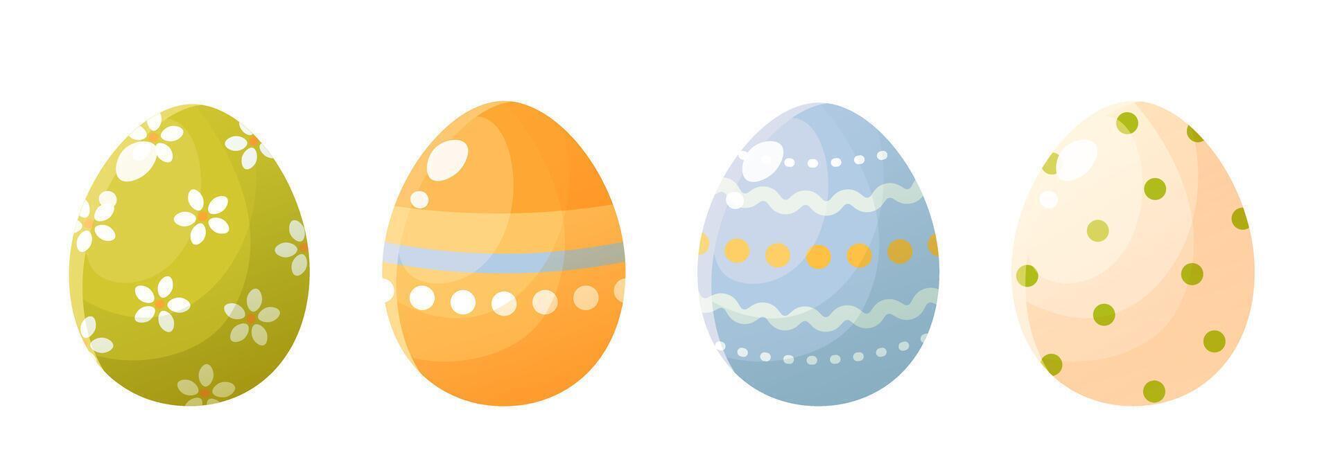 impostato di dipinto Pasqua colorato uova. vettore illustrazione di decorativo uova per contento Pasqua, con floreale modello, strisce, polka punti. clipart per vacanza carte, manifesti, striscioni.