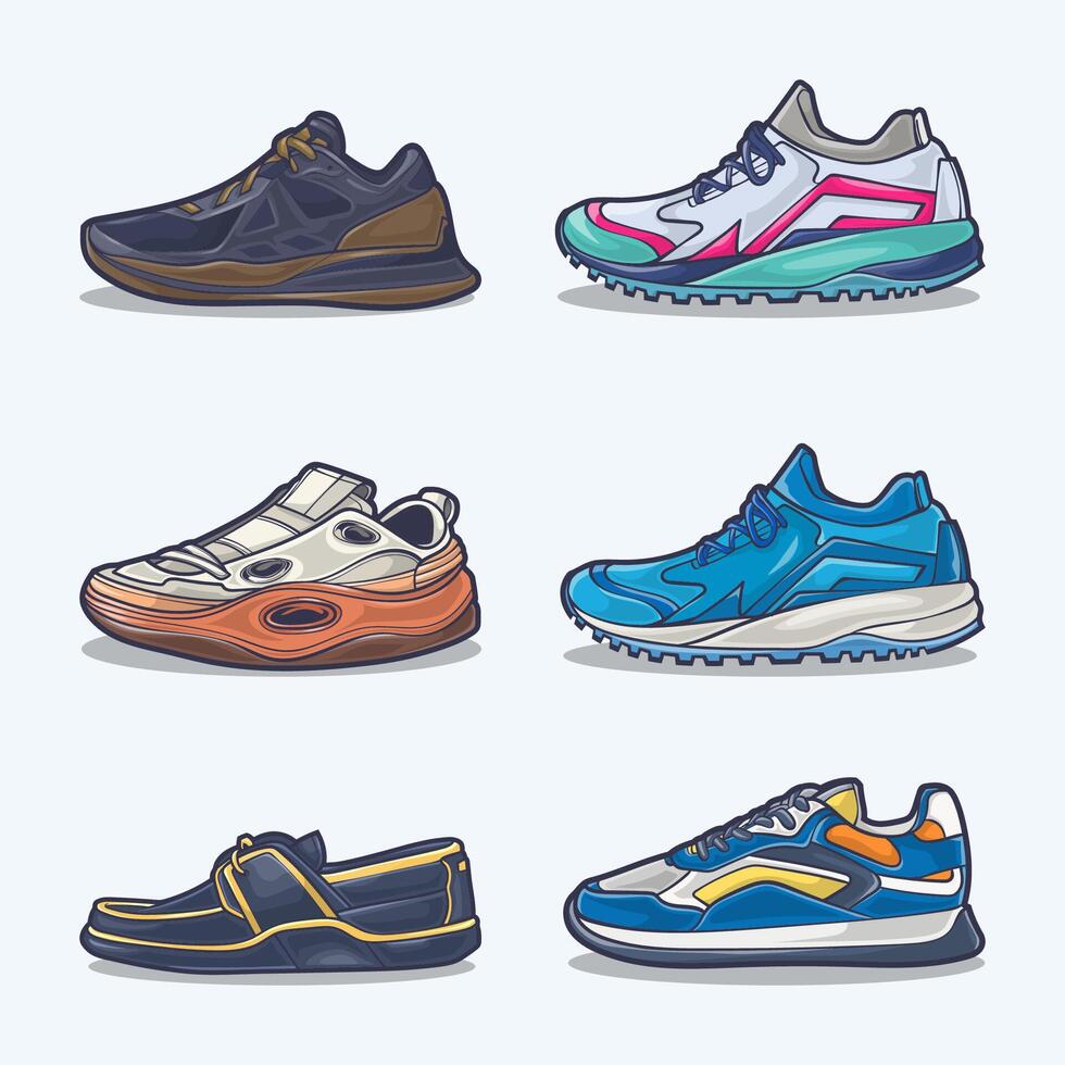 impostato collezione di scarpa cartone animato icona, vettore concetto piatto design. vettore illustrazione scarpe da ginnastica nel piatto stile. vettore sneaker scarpe lato Visualizza.