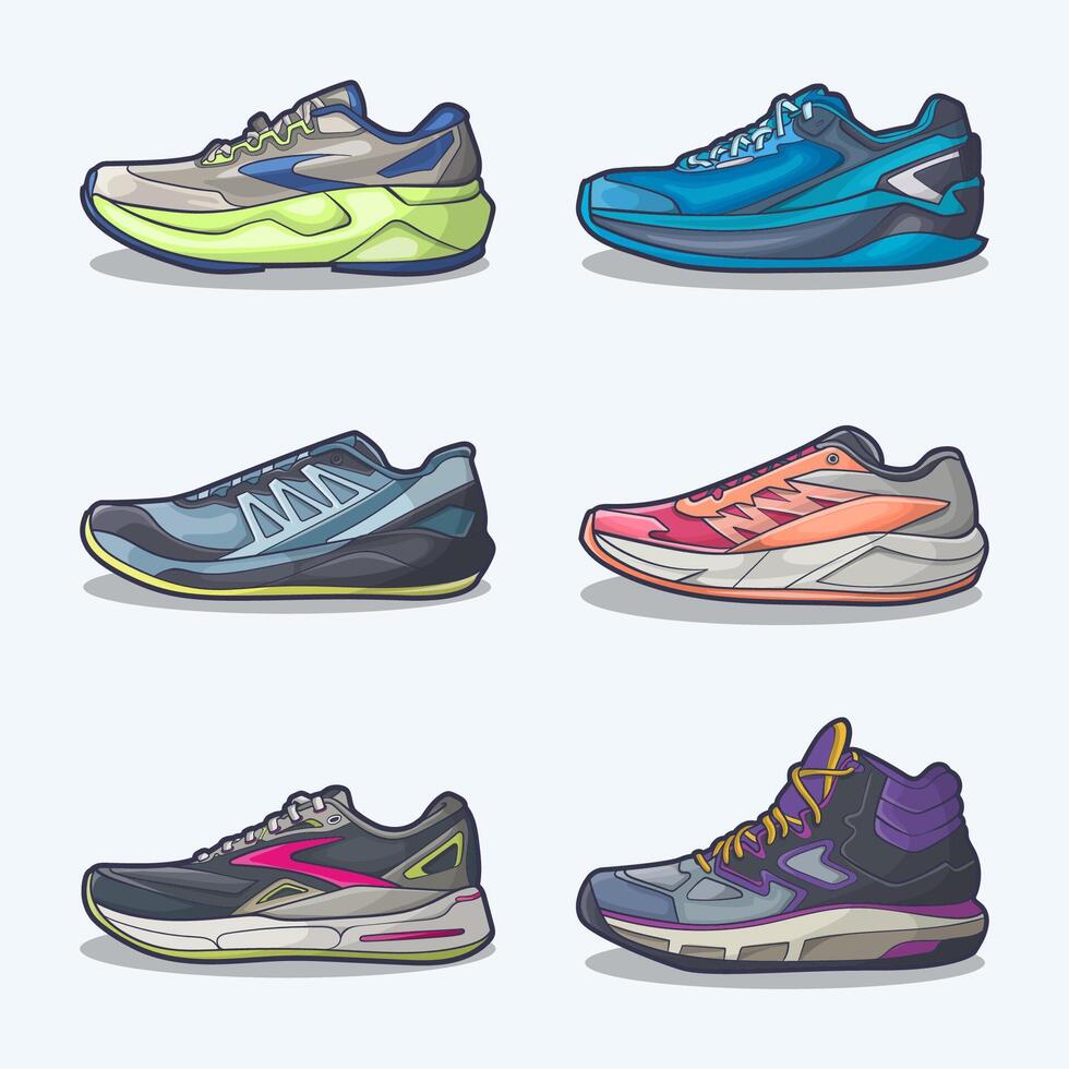 impostato collezione di scarpa cartone animato icona, vettore concetto piatto design. vettore illustrazione scarpe da ginnastica nel piatto stile. vettore sneaker scarpe lato Visualizza.