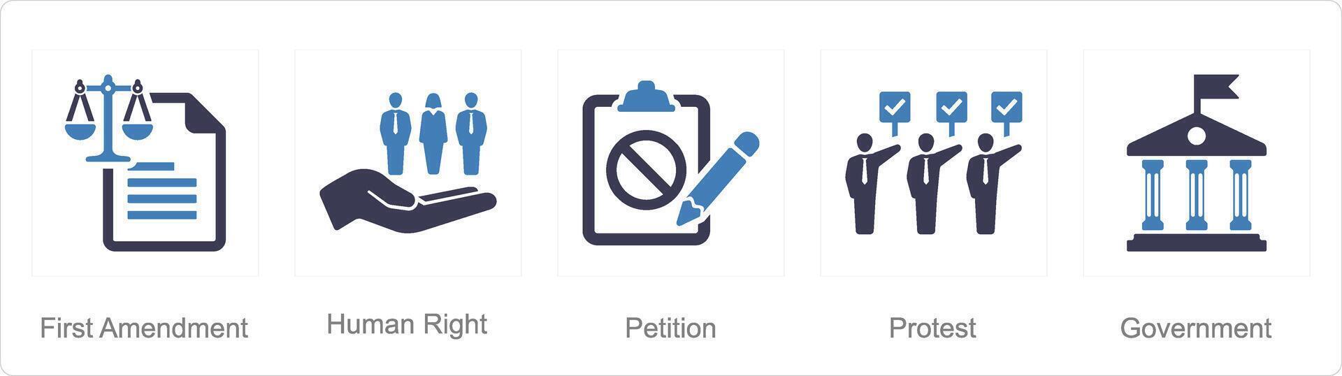 un' impostato di 5 la libertà di discorso icone come primo emendamento, umano Giusto, petizione vettore