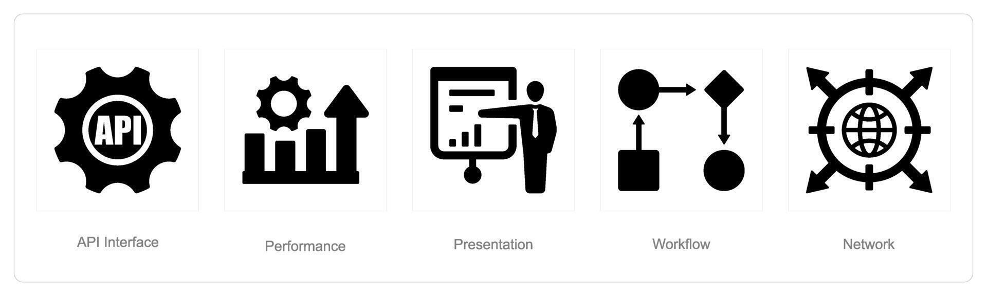 un' impostato di 5 dati analisi icone come api interfaccia, prestazione, presentazione vettore