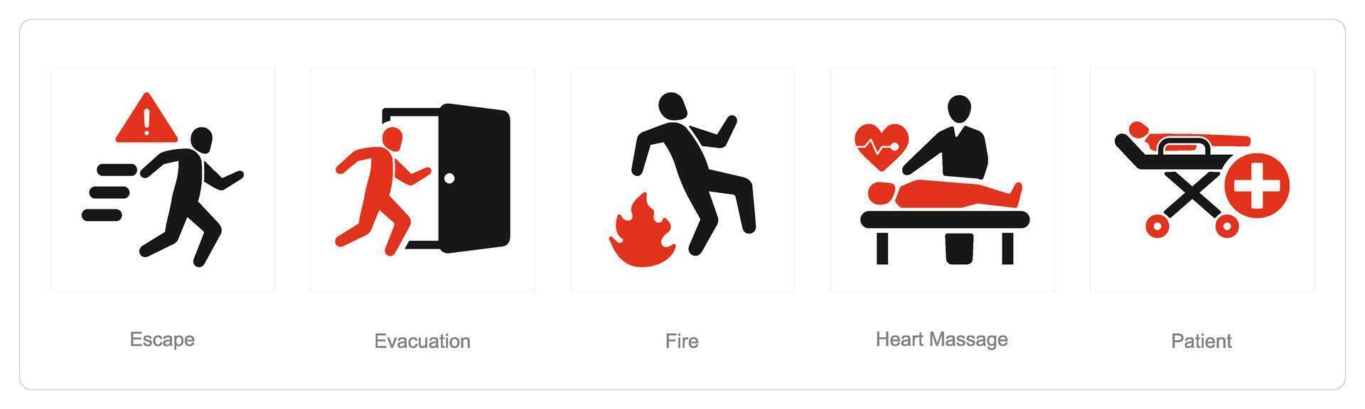 un' impostato di 5 emergenza icone come fuga, evacuazione, fuoco vettore
