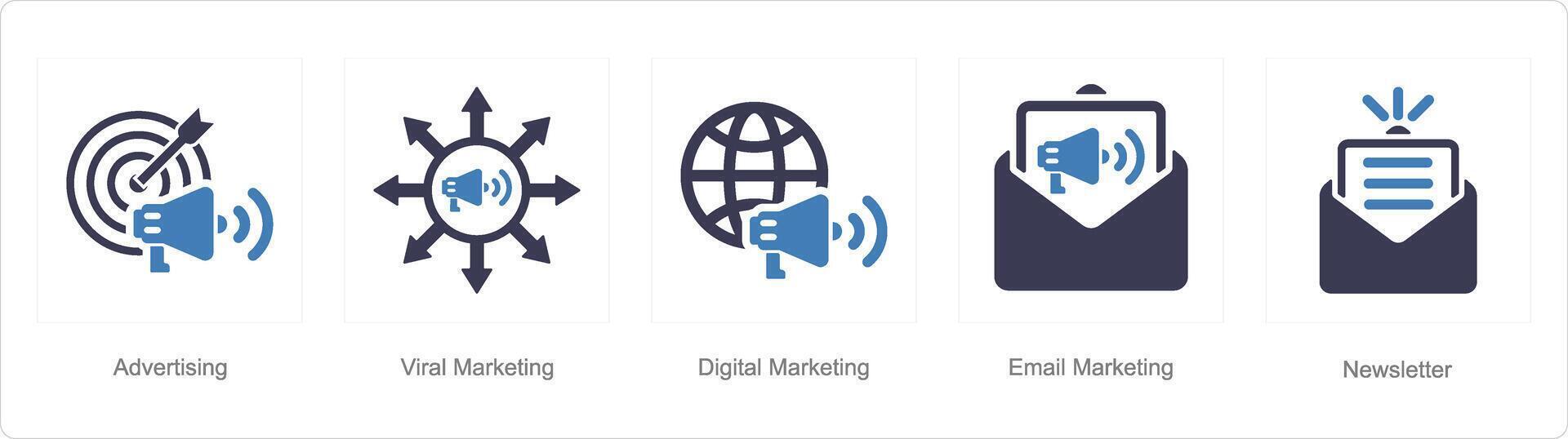 un' impostato di 5 digitale marketing icone come pubblicità, virale marketing, digitale marketing vettore