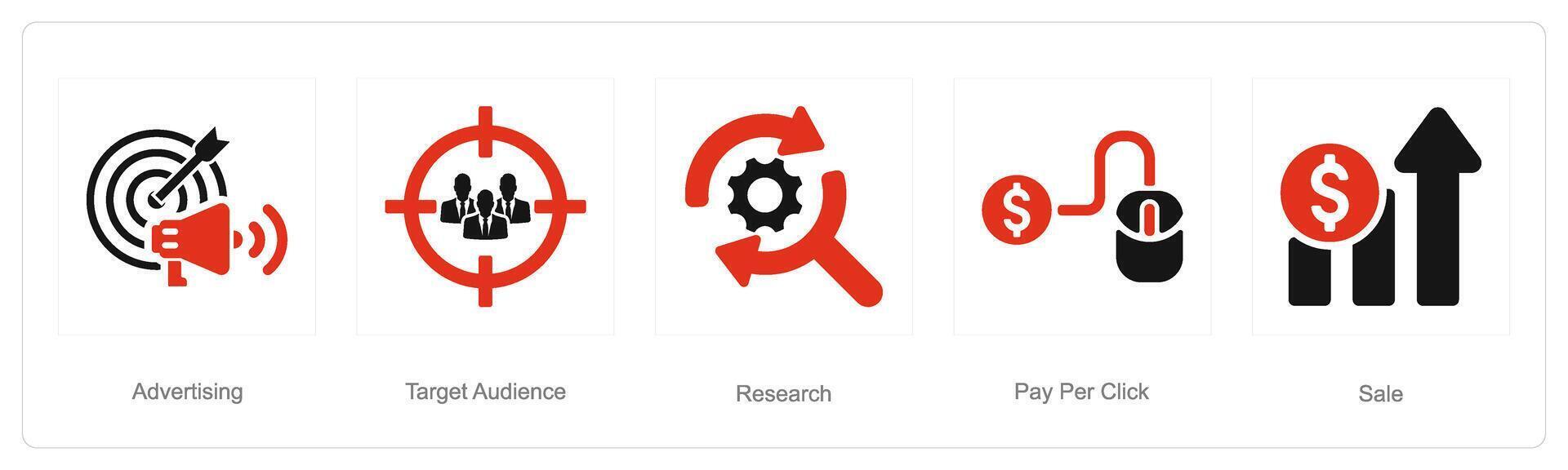 un' impostato di 5 digitale marketing icone come pubblicità, bersaglio pubblico, ricerca vettore