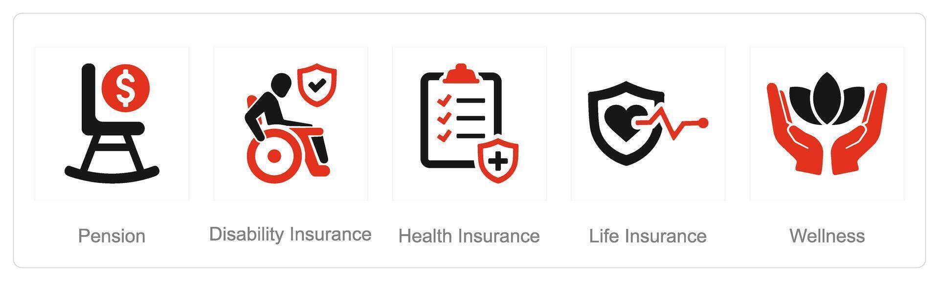 un' impostato di 5 dipendente benefici icone come pensione, invalidità assicurazione, Salute assicurazione vettore