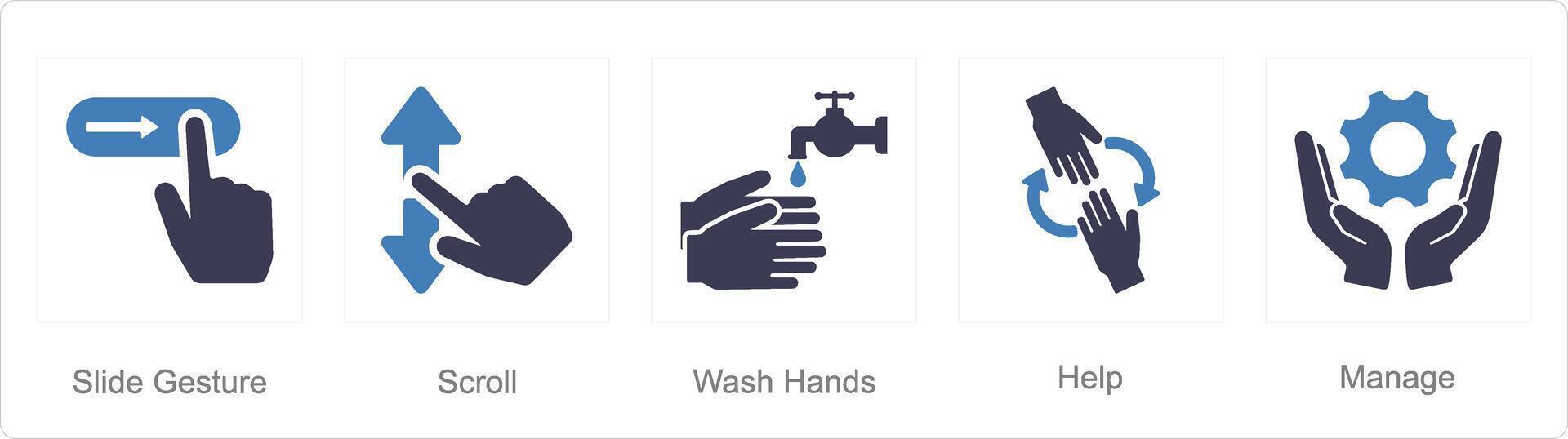 un' impostato di 5 mani icone come diapositiva gesti, scorrere, lavare mani vettore