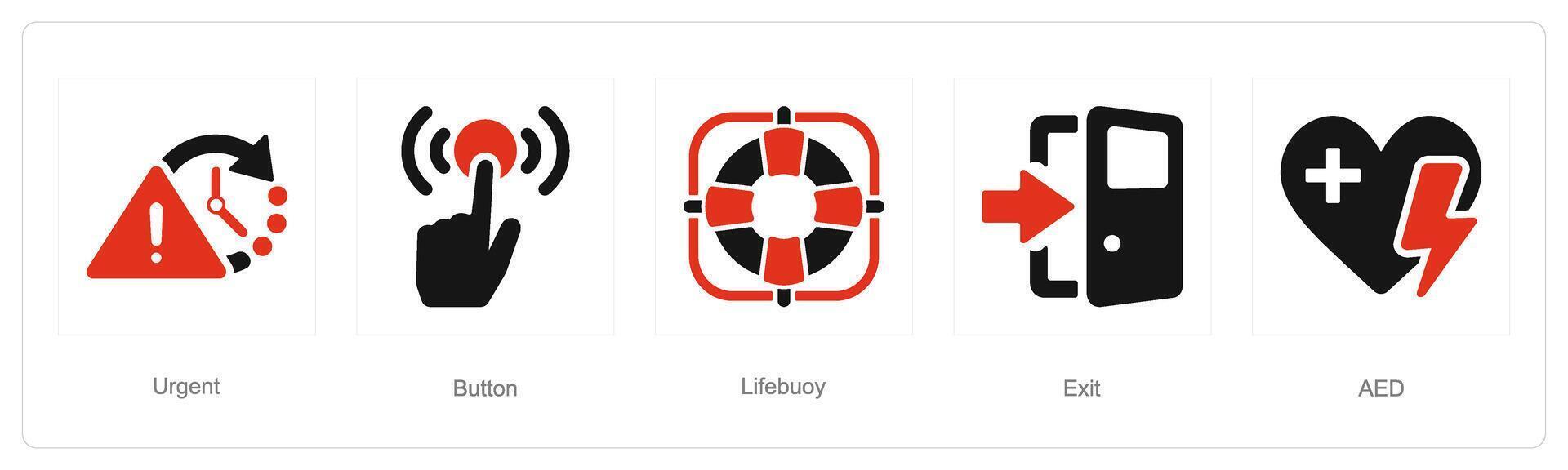 un' impostato di 5 emergenza icone come urgente, pulsante, salvagente vettore