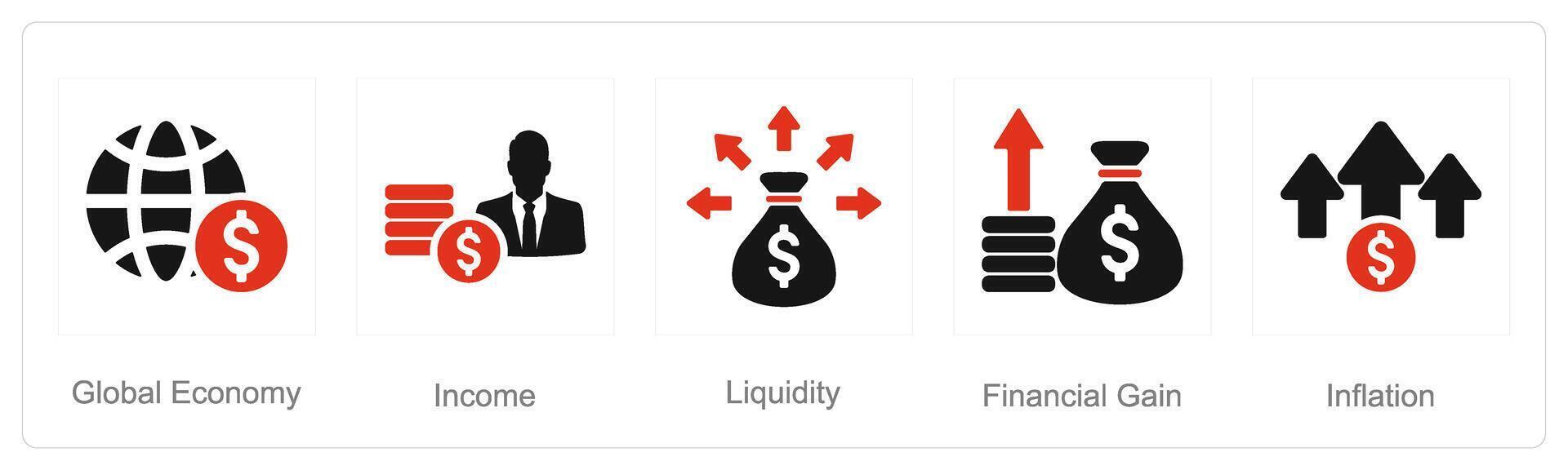 un' impostato di 5 investimento icone come globale economia, reddito, liquidità vettore