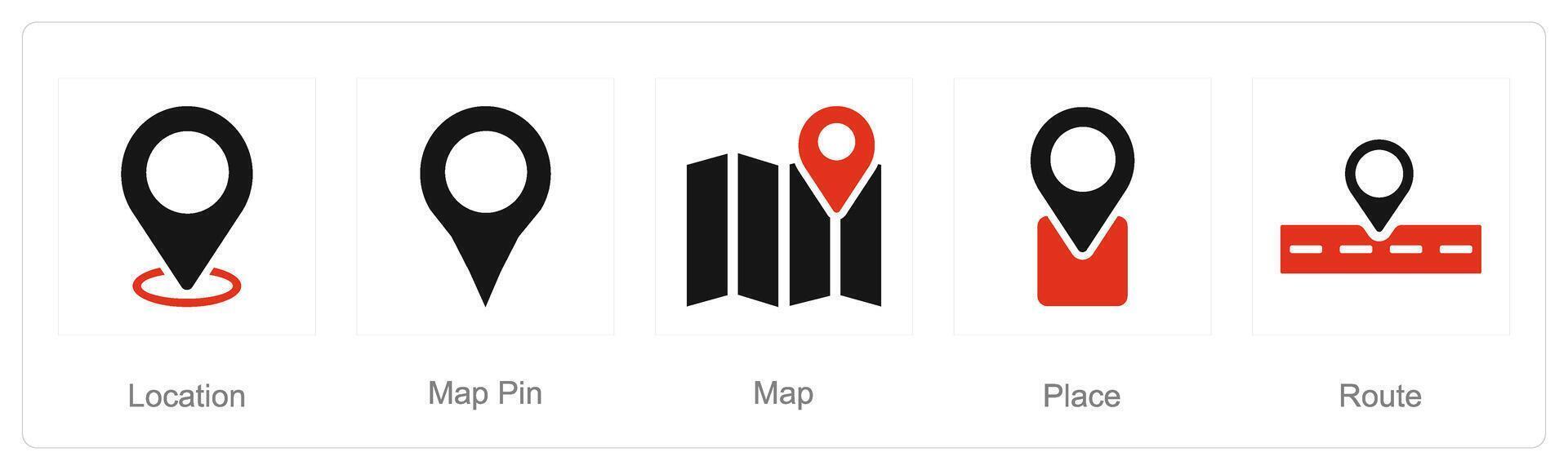 un' impostato di 5 Posizione icone come Posizione, carta geografica spillo, carta geografica vettore