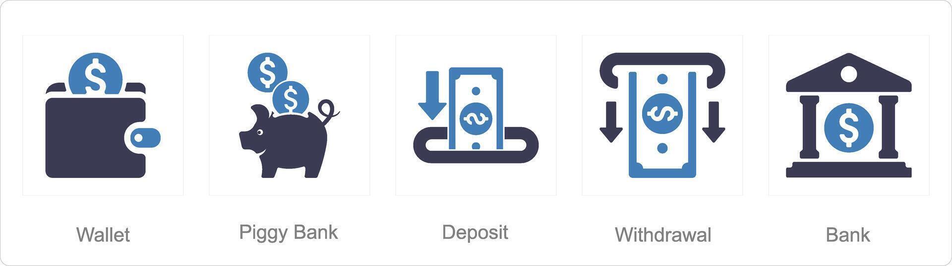un' impostato di 5 finanza icone come portafoglio, porcellino banca, depositare vettore
