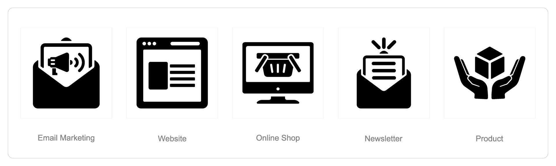 un' impostato di 5 digitale marketing icone come e-mail marketing, sito web, in linea negozio vettore