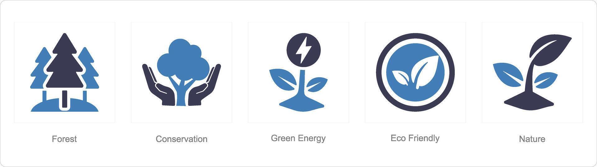 un' impostato di 5 ecologia icone come foresta, conservazione, verde energia vettore