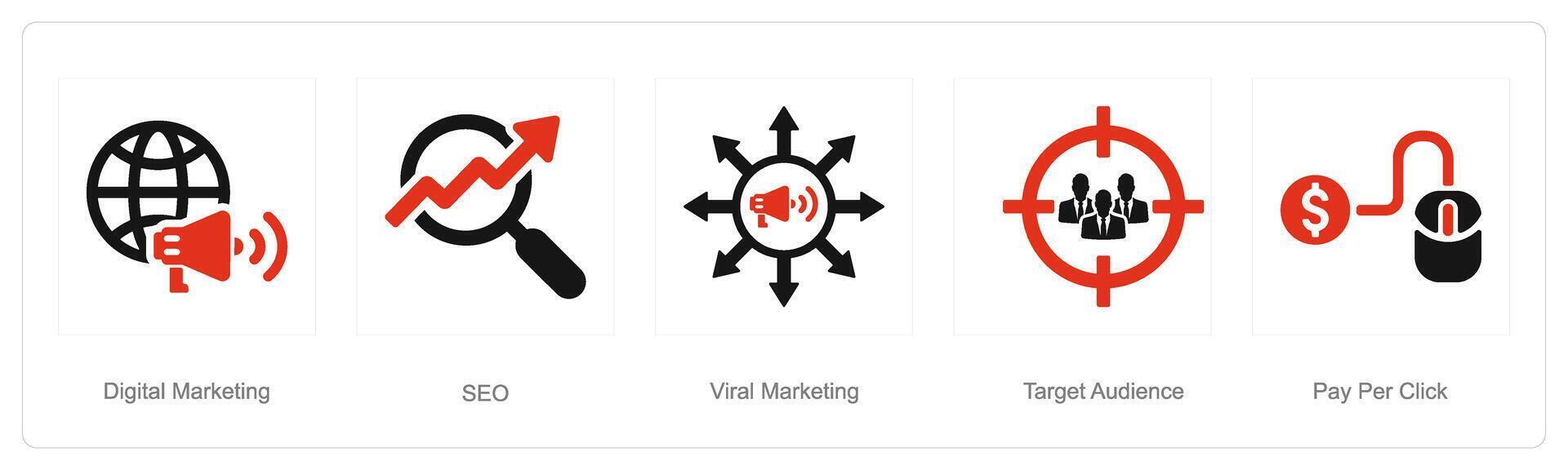 un' impostato di 5 digitale marketing icone come digitale marketing, seo, virale marketing vettore