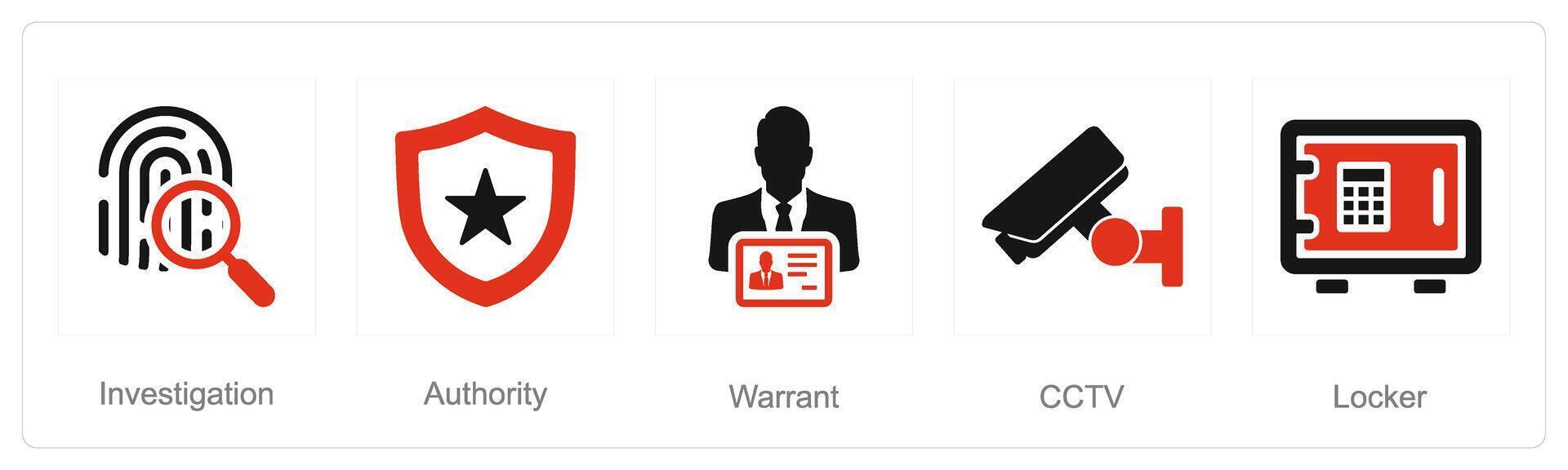 un' impostato di 5 giustizia icone come indagine, autorità, mandato vettore