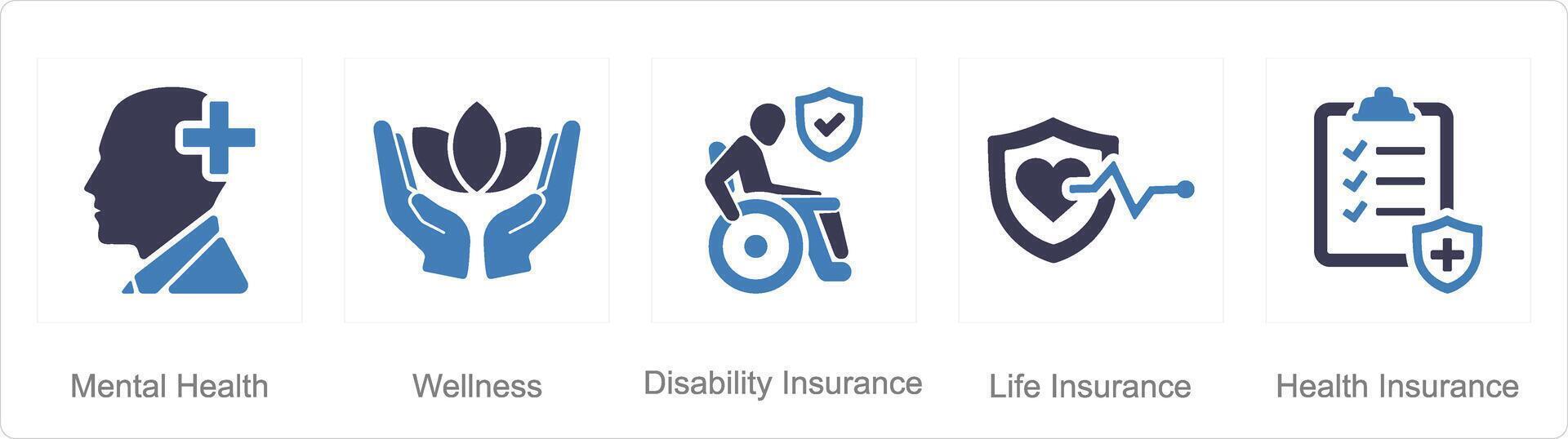 un' impostato di 5 dipendente benefici icone come mentale Salute, benessere, invalidità assicurazione vettore