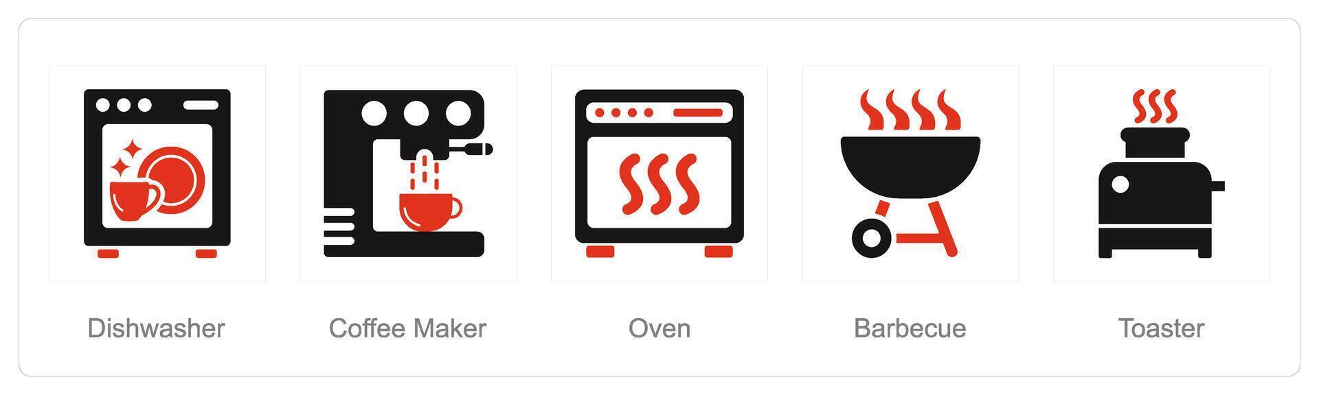 un' impostato di 5 casa apparecchio icone come lavastoviglie, caffè creatore, forno vettore