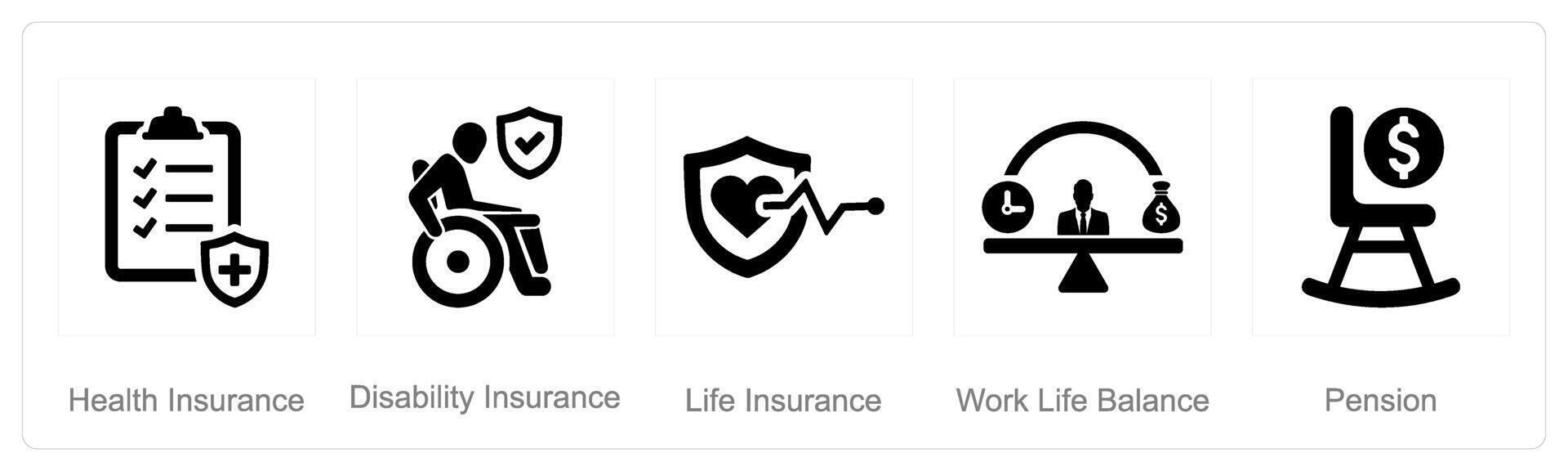 un' impostato di 5 dipendente benefici icone come Salute assicurazione, invalidità assicurazione, vita assicurazione vettore