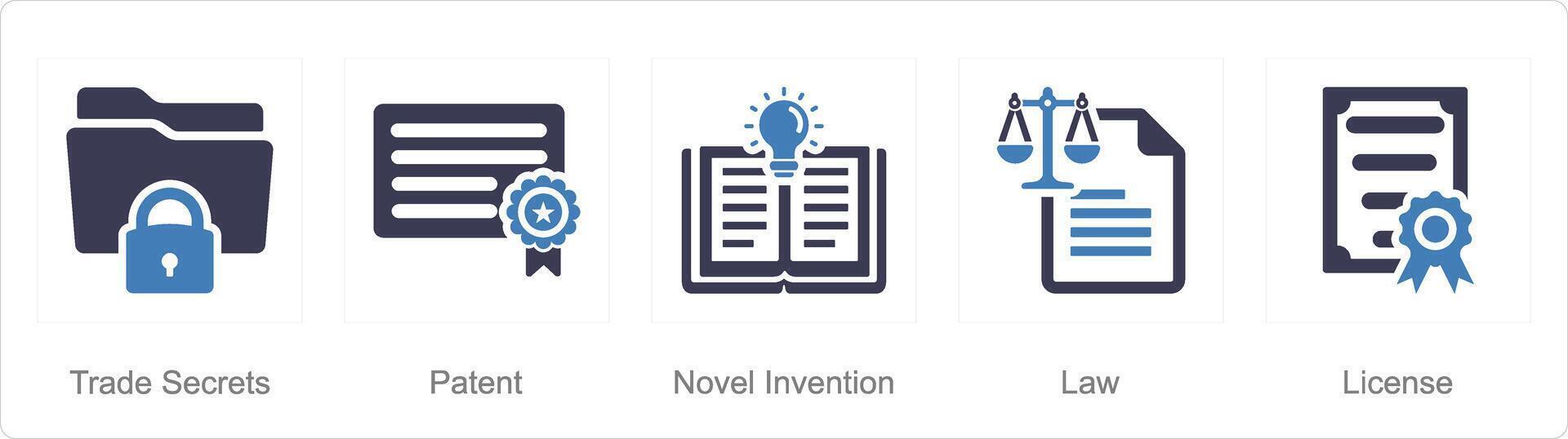 un' impostato di 5 intellettuale proprietà icone come commercio segreti, brevetto, romanzo invenzione vettore