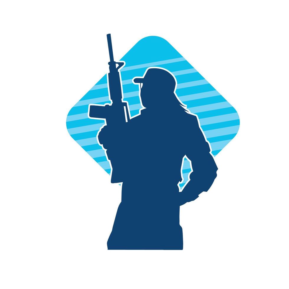 silhouette di un' femmina soldato trasporto macchina pistola arma. vettore