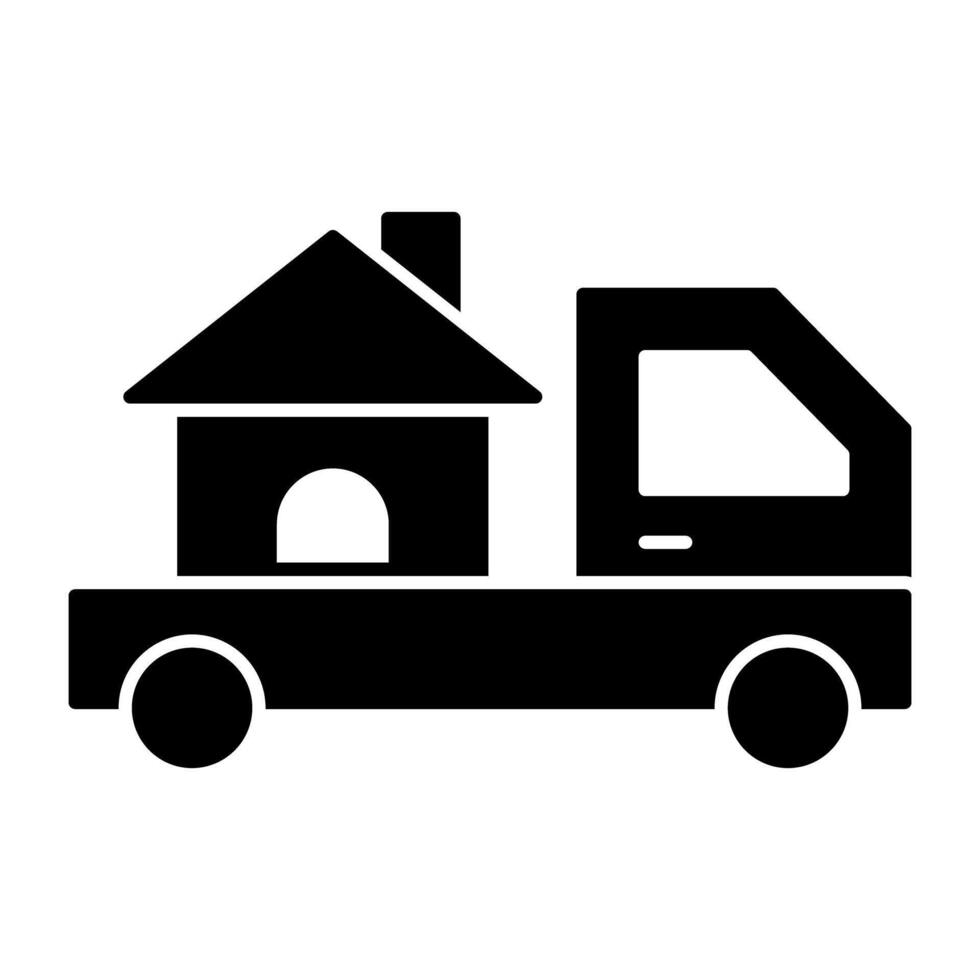 Casa edificio su camion raffigurante concetto di casa consegna vettore