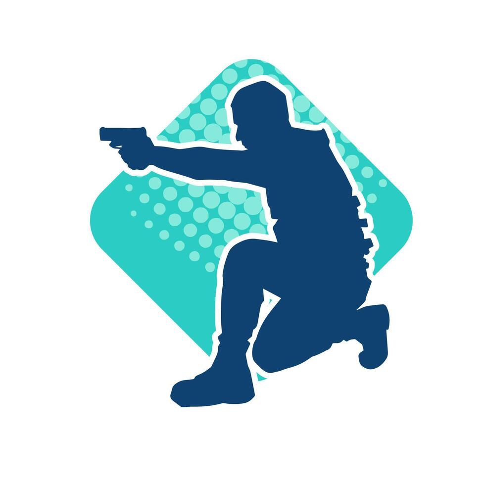 silhouette di un' maschio tiratore indossare antiproiettile veste nel azione posa utilizzando mano pistola arma vettore