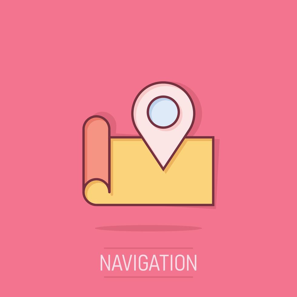 carta geografica perno icona nel comico stile. GPS navigazione cartone animato vettore illustrazione su isolato sfondo. individuare posizione spruzzo effetto attività commerciale concetto.