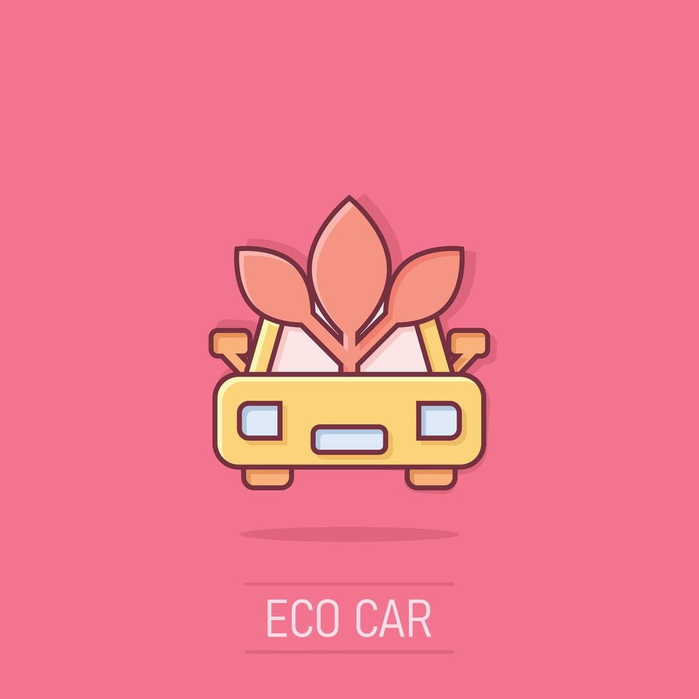 eco auto icona nel comico stile. foglia e auto cartone animato vettore illustrazione su isolato sfondo. bio ricarica spruzzo effetto cartello attività commerciale concetto.