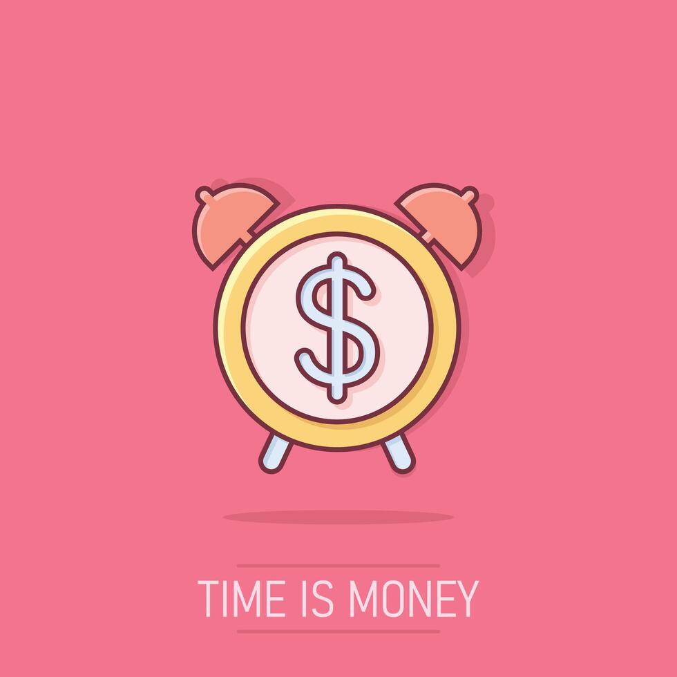 tempo è i soldi icona nel comico stile. orologio con dollaro cartone animato vettore illustrazione su isolato sfondo. moneta spruzzo effetto attività commerciale concetto.