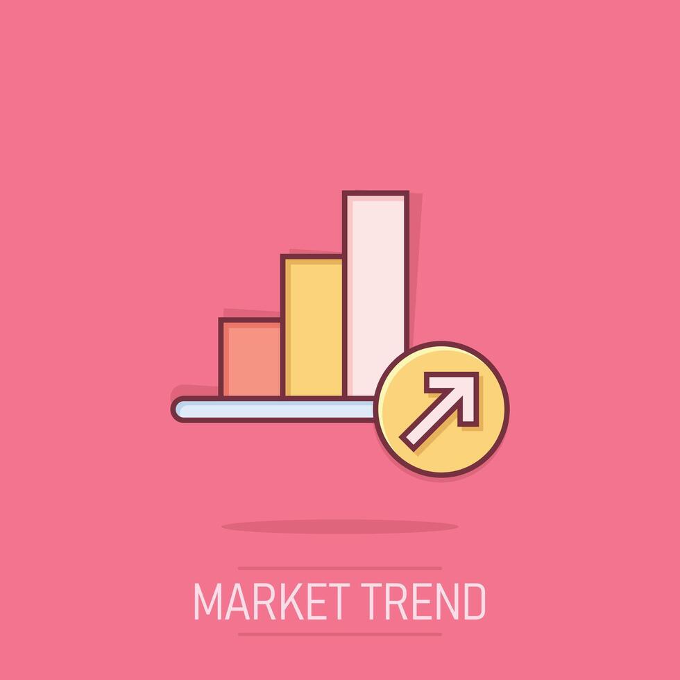 mercato tendenza icona nel comico stile. crescita freccia con lente d'ingrandimento cartone animato vettore illustrazione su isolato sfondo. aumentare spruzzo effetto attività commerciale concetto.