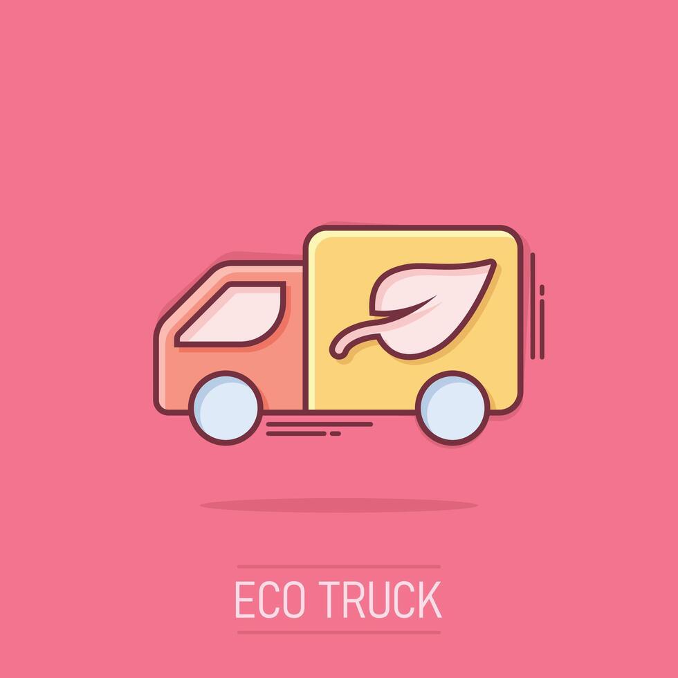 eco camion icona nel comico stile. ecologia spedizione cartone animato vettore illustrazione su isolato sfondo. furgone e foglia spruzzo effetto cartello attività commerciale concetto.