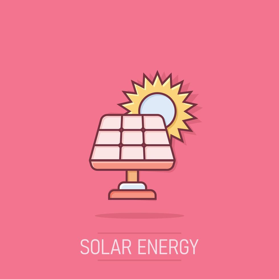 solare pannello icona nel comico stile. ecologia energia cartone animato vettore illustrazione su isolato sfondo. elettricista spruzzo effetto cartello attività commerciale concetto.