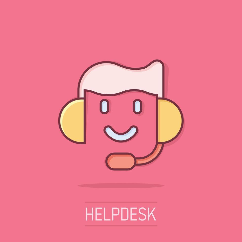 helpdesk icona nel comico stile. cuffie cartone animato vettore illustrazione su isolato sfondo. Chiacchierare operatore spruzzo effetto attività commerciale concetto.