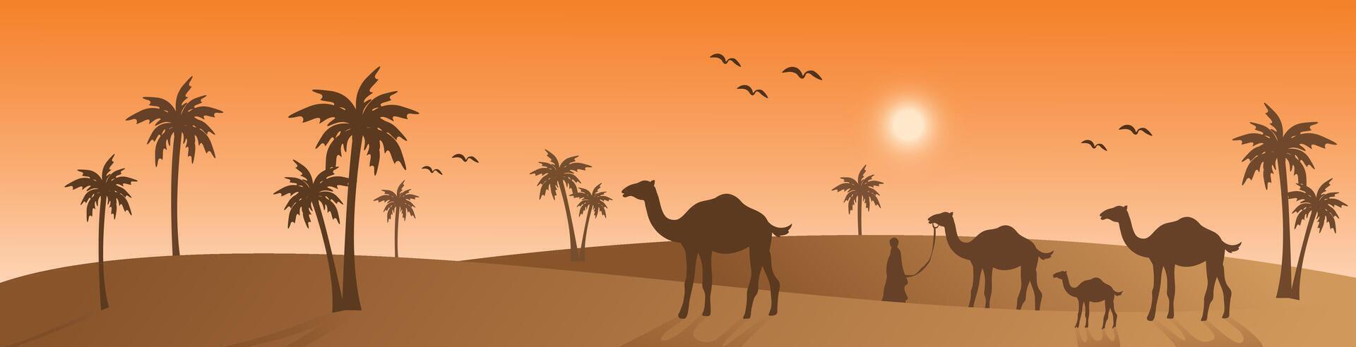 Arabo ragnatela orizzontale striscione, cammello e palma albero silhouette, deserto Visualizza con bellissimo luce del sole, tramonto, Alba, islamico sfondo modello vettore
