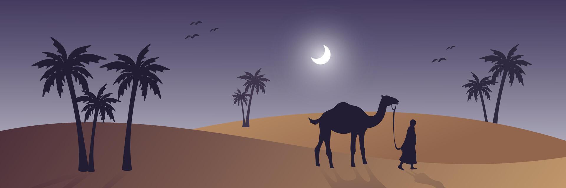 arabesco ragnatela orizzontale striscione, silhouette cammello e palma albero, bellissimo chiaro di luna, notte Visualizza nel deserto la zona, islamico sfondo modello vettore